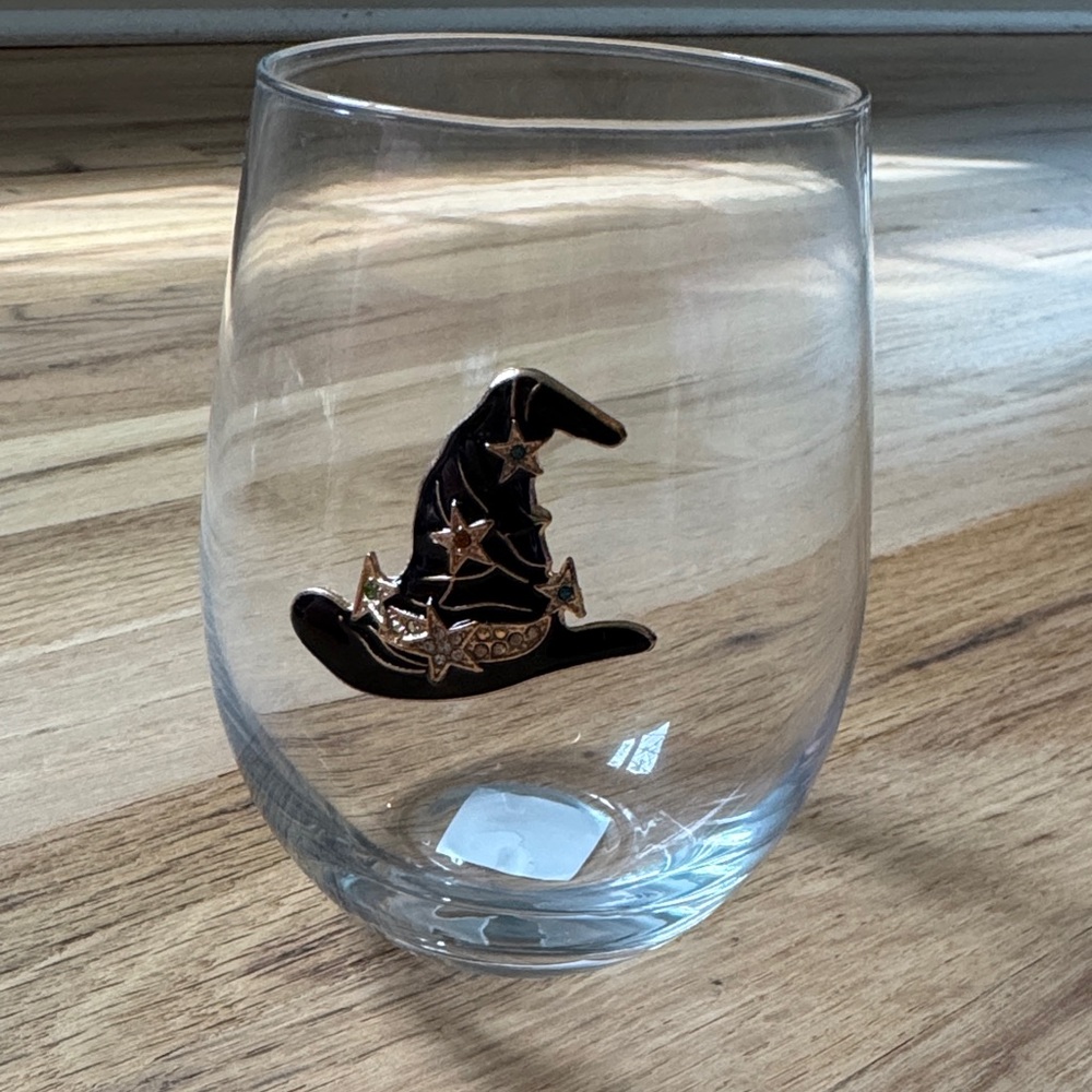 Clear Stemless Glass with Black and Gold Witch Hat Accent